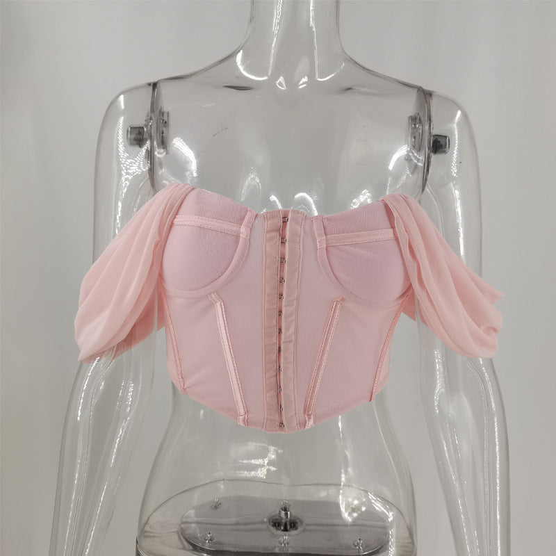 Mesh Solid Color Bandeau Off-Shoulders Crop-Top (7517938024536)