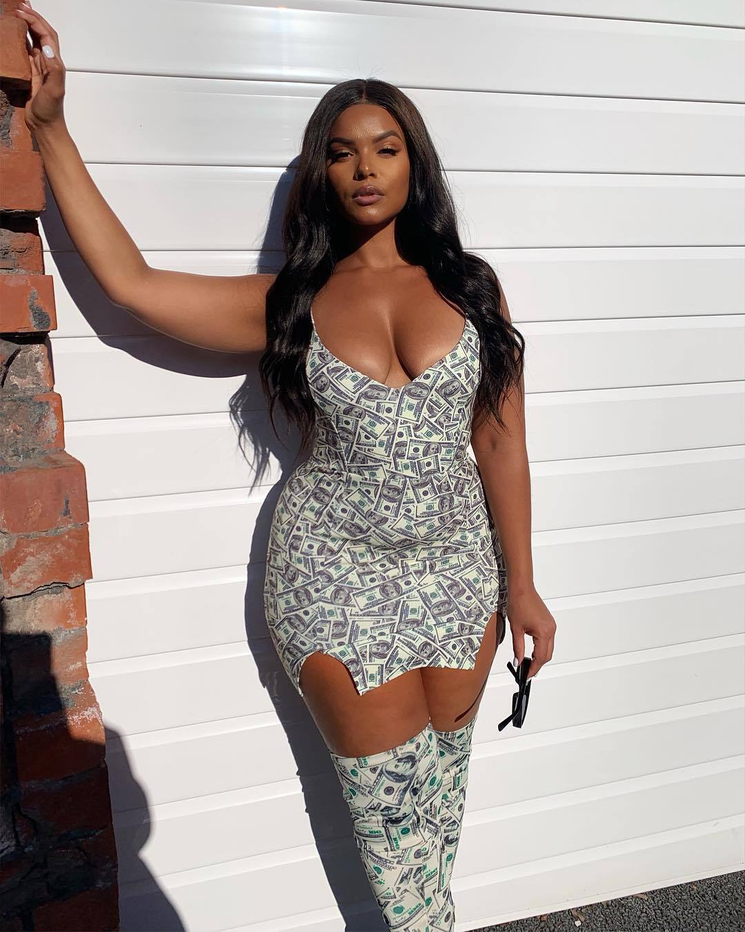 Plus-Size Deep V-Plunge Money Print Slip Dress (7516662923352)