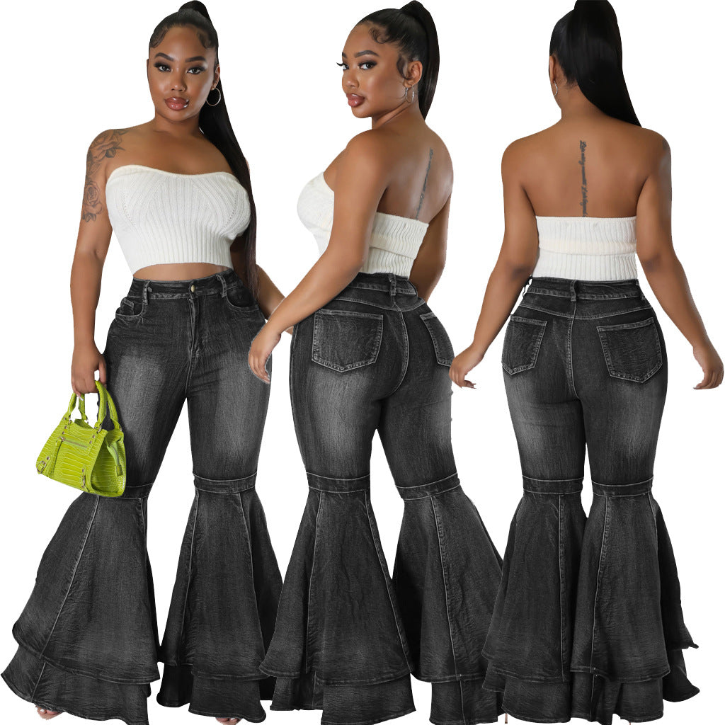 Flared Wide Leg Stretchy-Washed Denim Jeans (7524740628568)