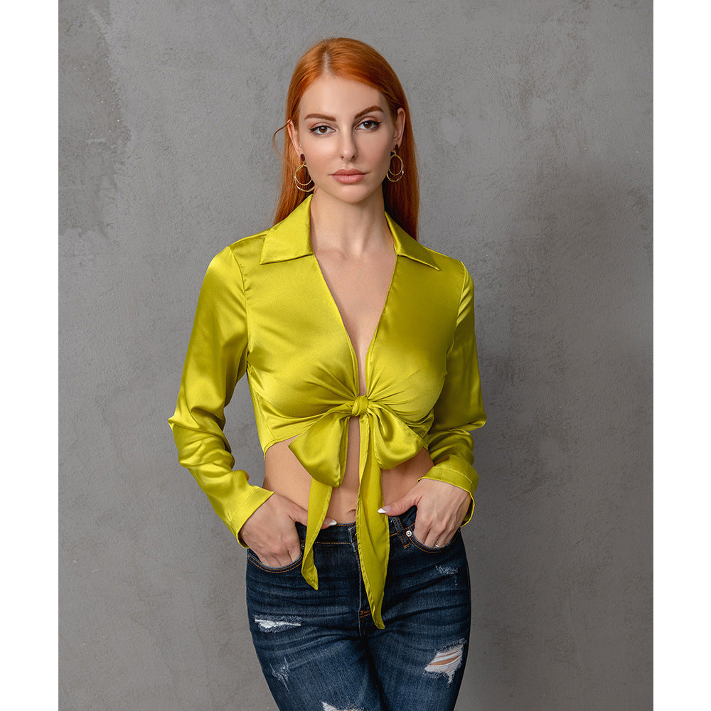 Blouse - Bow-Bundle Long Sleeved V Plunge Blouse Top (7518694735960)