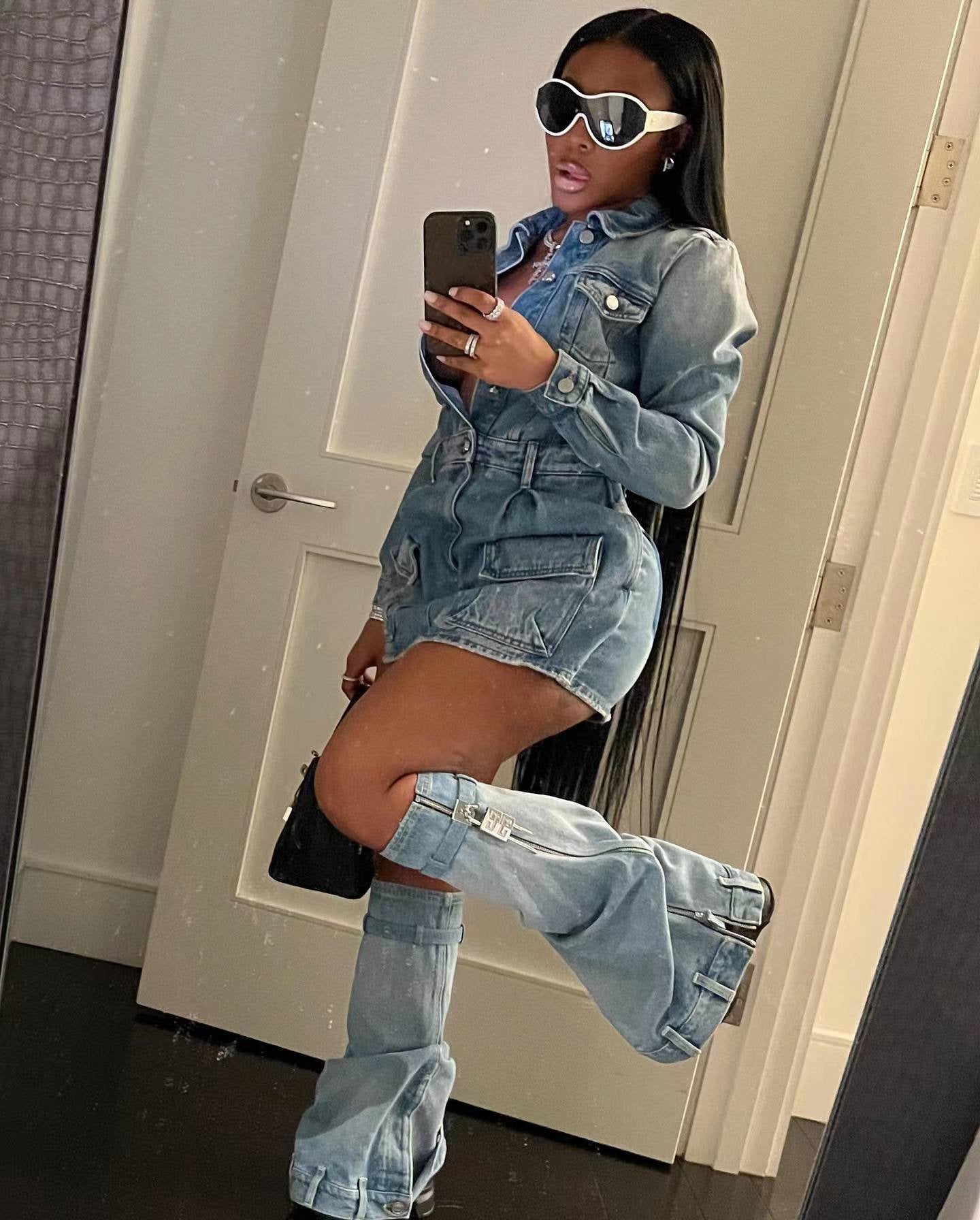 Multi-Pocket Denim Dress Three Piece-Set Including Anklets (7516489941080)