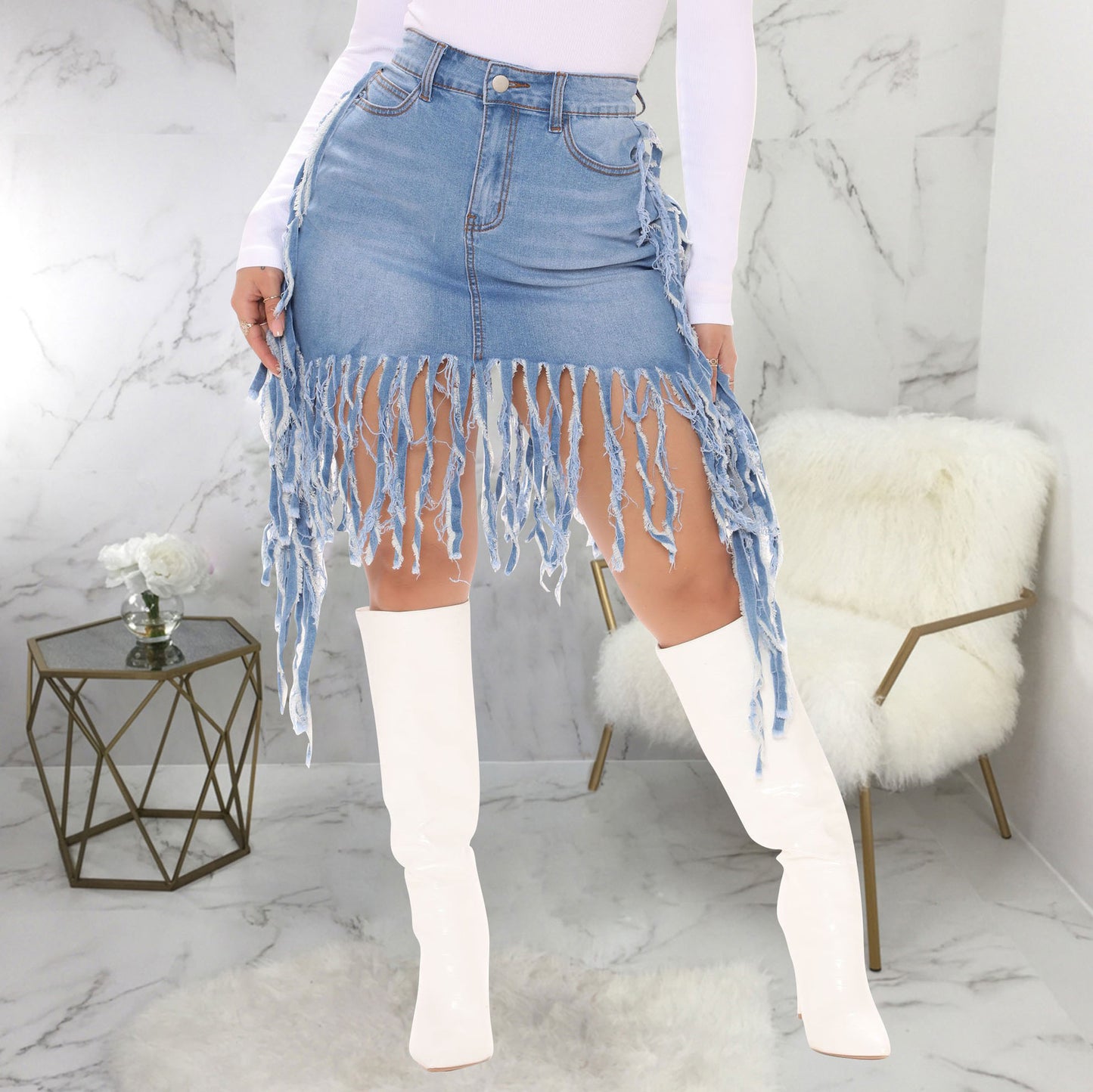 Tassel Denim - High-Waist Tassel Denim Short Skirt (7520597114968)