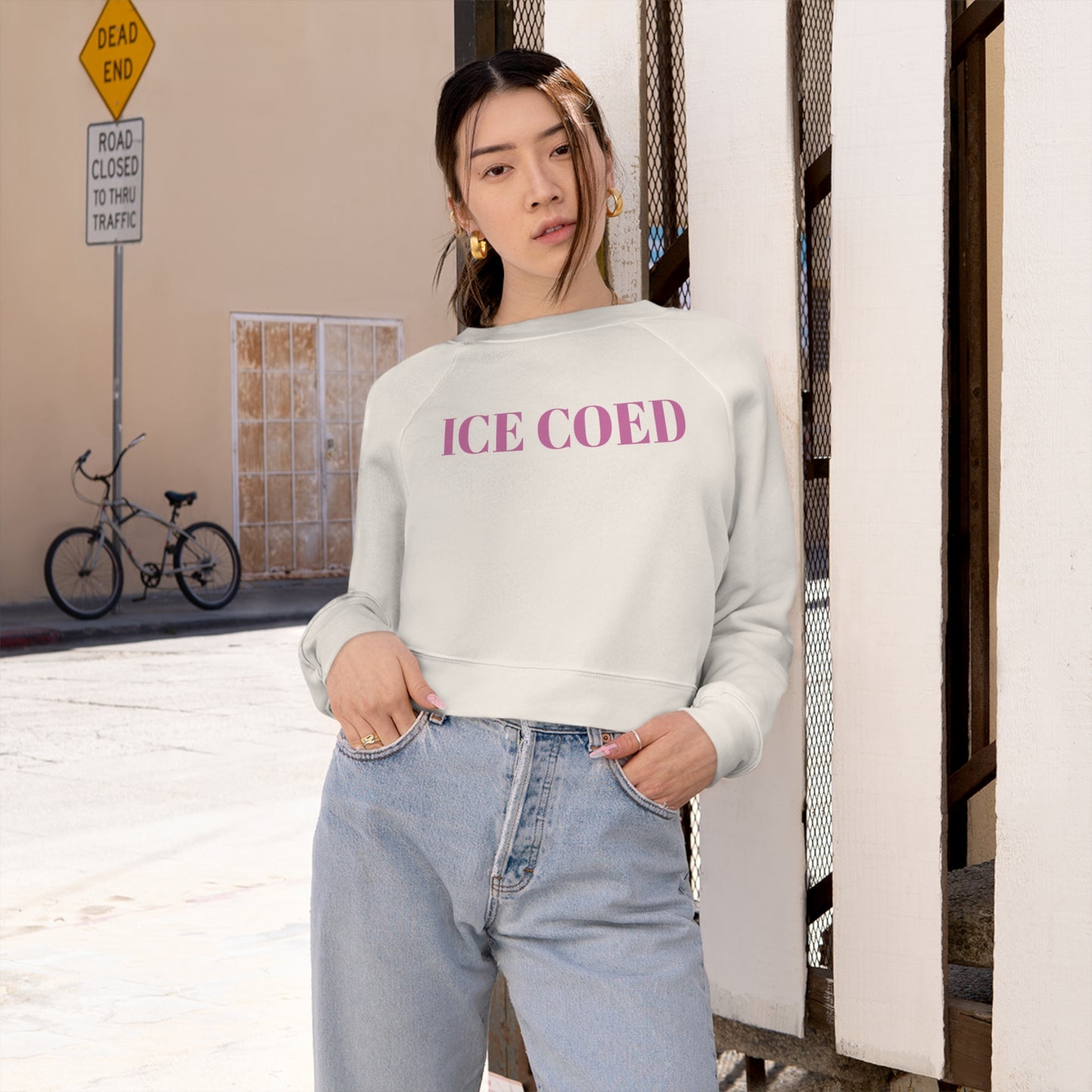 ICE COED Cream White Cropped Fleece Sweatshirt (7486024646744)
