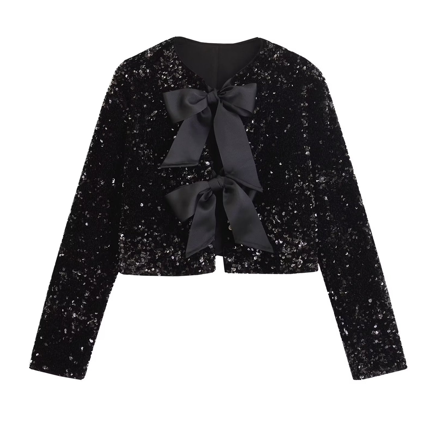 Winter Women Clothing Fashionable All Match Bowknot Decoration Sequined Short Coat (7525012963416)