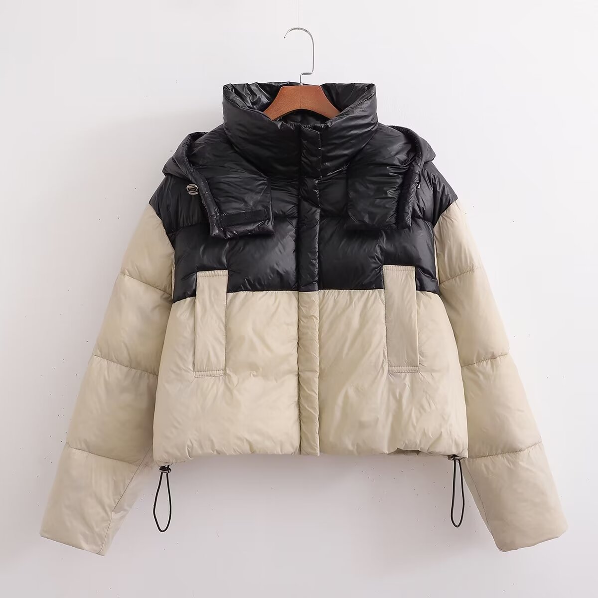 Patchwork - Contrast Color Hooded Cotton Padded Jacket Coat (7516641493080)