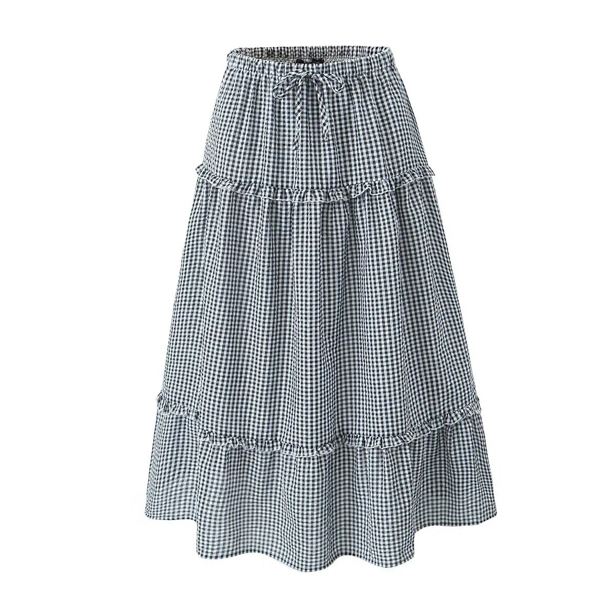 Plaid Pullover Lace Straps Top Drawstring A-Line Skirt Set