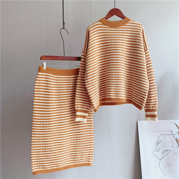 Retro Striped Knitted Skirt & Sweater Two-Piece Set