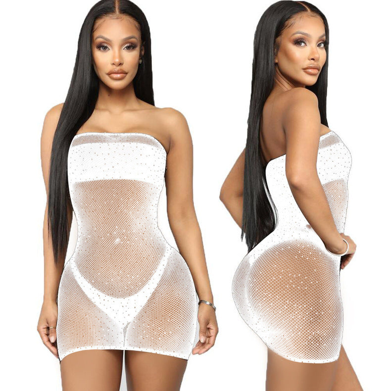 Starry Rhine - Chest-Wrapped Rhinestone Fishnet Lingerie Dress (7517838442584)