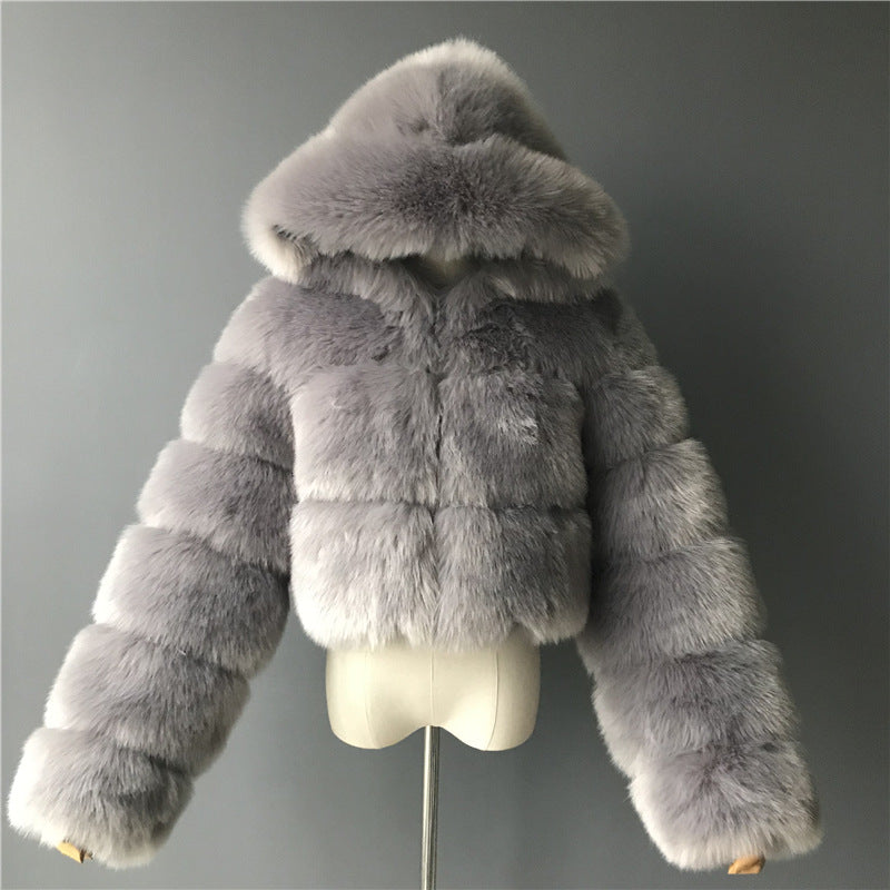 Faux Fox Fur Hooded Short Coat