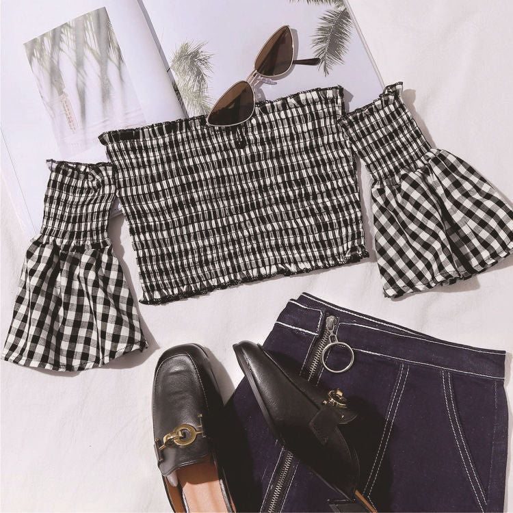 Off-Shoulder White-Black Square Plaid Tube Top (7518484070488)