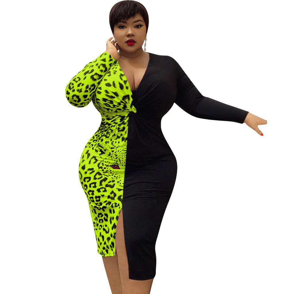 Plus-Size Long Sleeves Leopard Stitching Dress