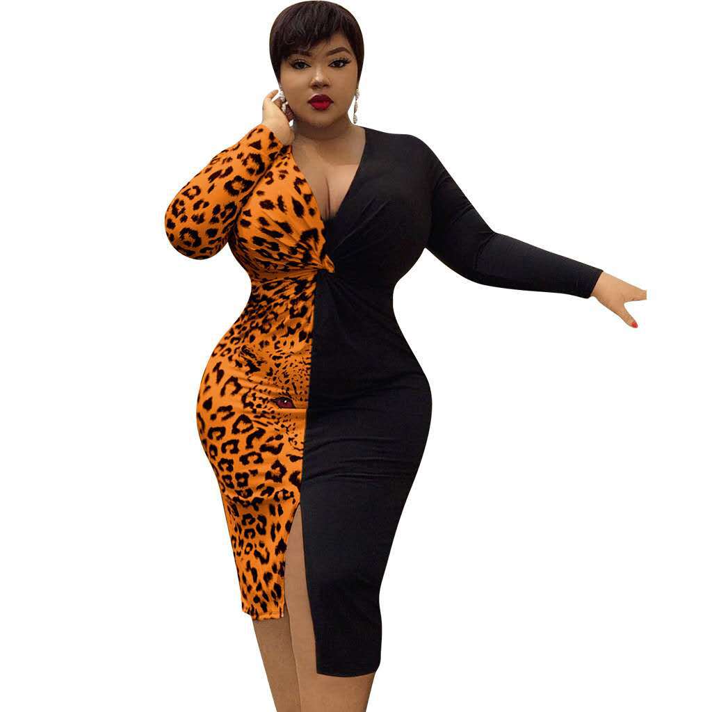 Plus-Size Long Sleeves Leopard Stitching Dress