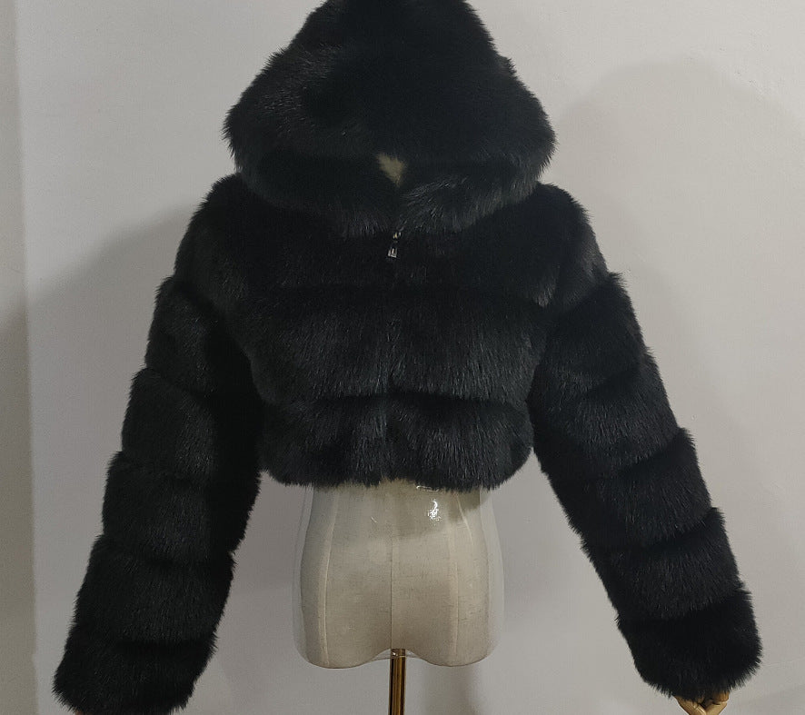 Faux Fox Fur Hooded Short Coat