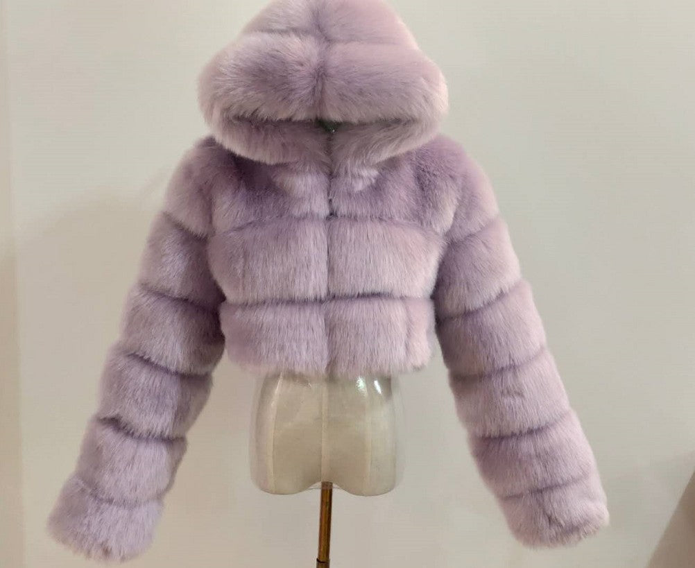 Faux Fox Fur Hooded Short Coat