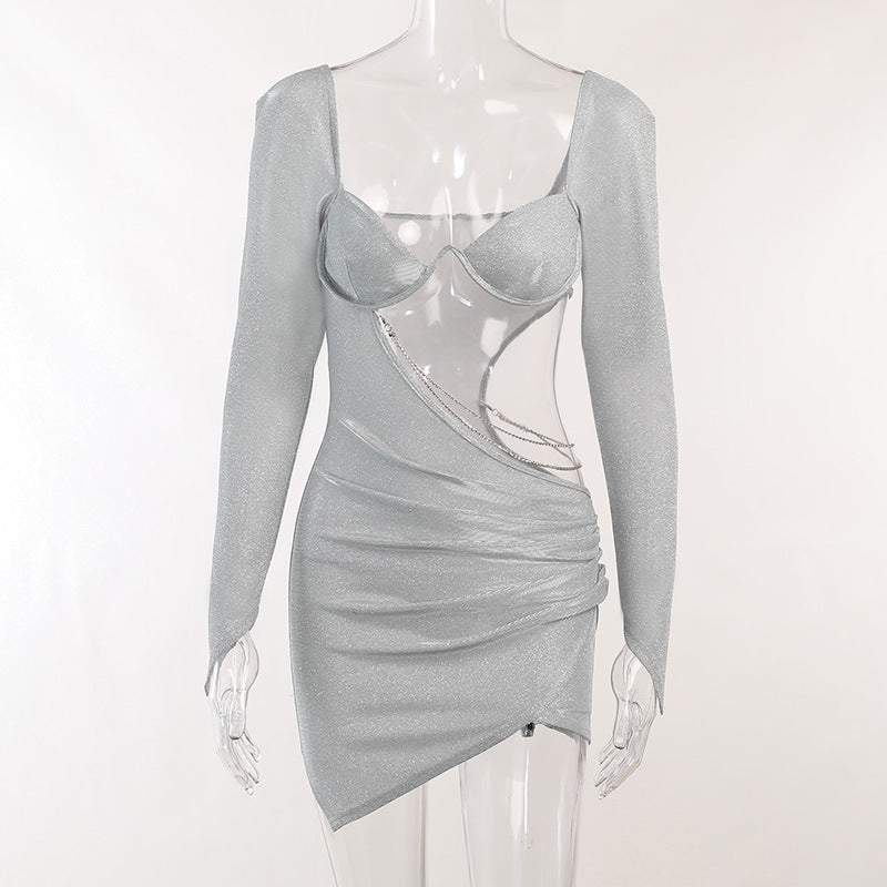 Cut-Out Slim-Fit Rhinestones Long Sleeves Hip Dress