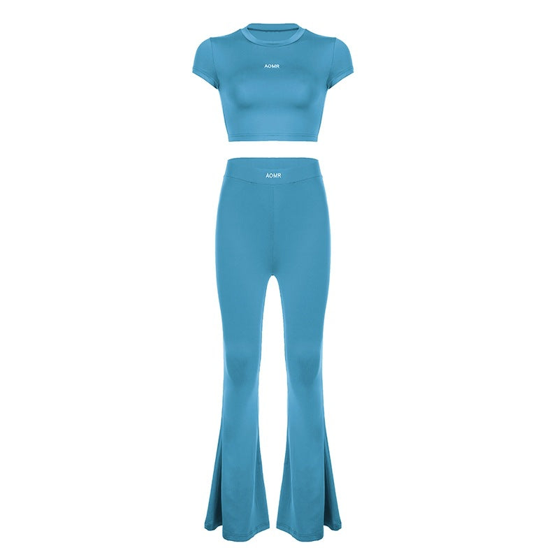 AOMR - Cropped Short Sleeves Top High Waist Flared Pants Two-Piece Set (7516855959640)