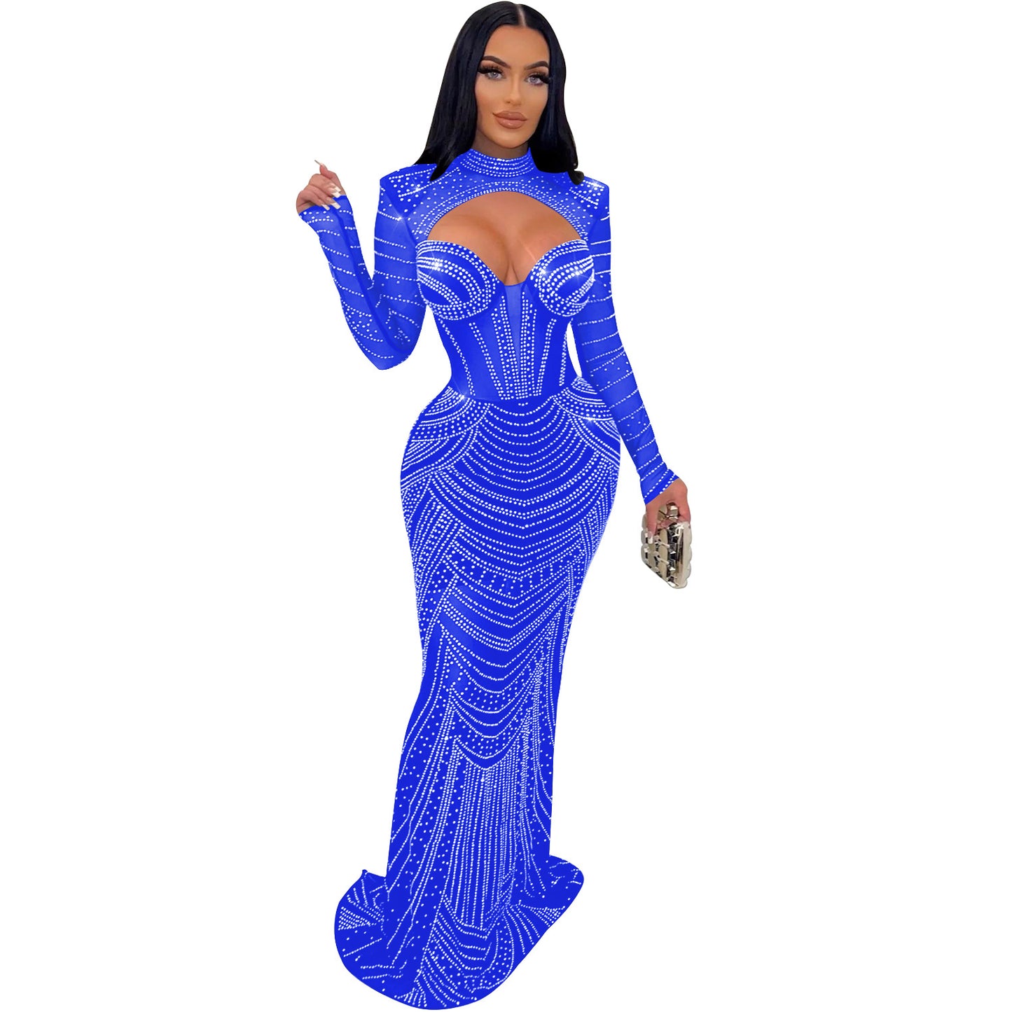 Solid Color Rhinestones Mesh Long Sleeves Maxi Dress
