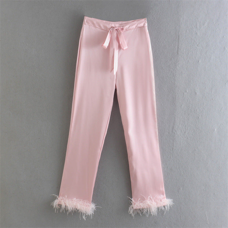Lace-Up Feather Pants & Top Pajamas Set