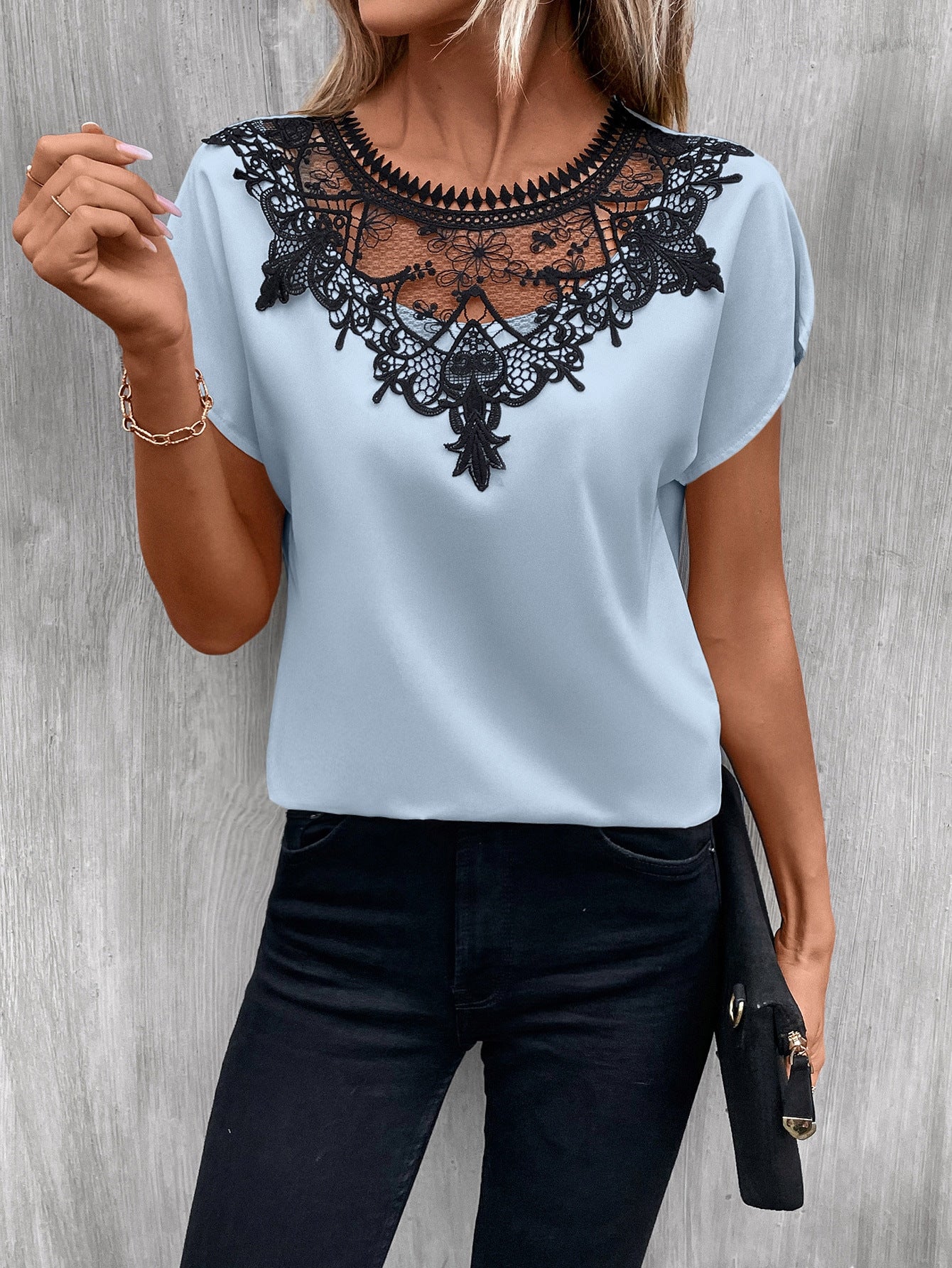 Patchwork - Round Neck Shirt Short-Sleeved Lace Color-Contrast Top (7518642864216)