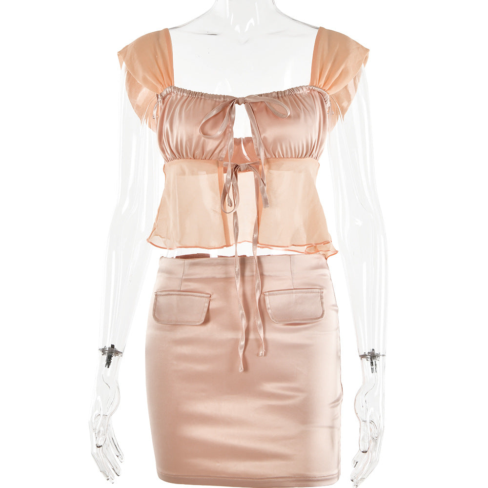 Lace-Up Backless Tube Top & Pockets Skirt Two-Piece Set (7524302389336)