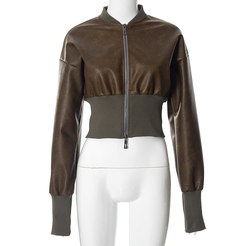Faux Leather Long Sleeves - Solid Color Waisted Cropped Coat Top (7516616392792)