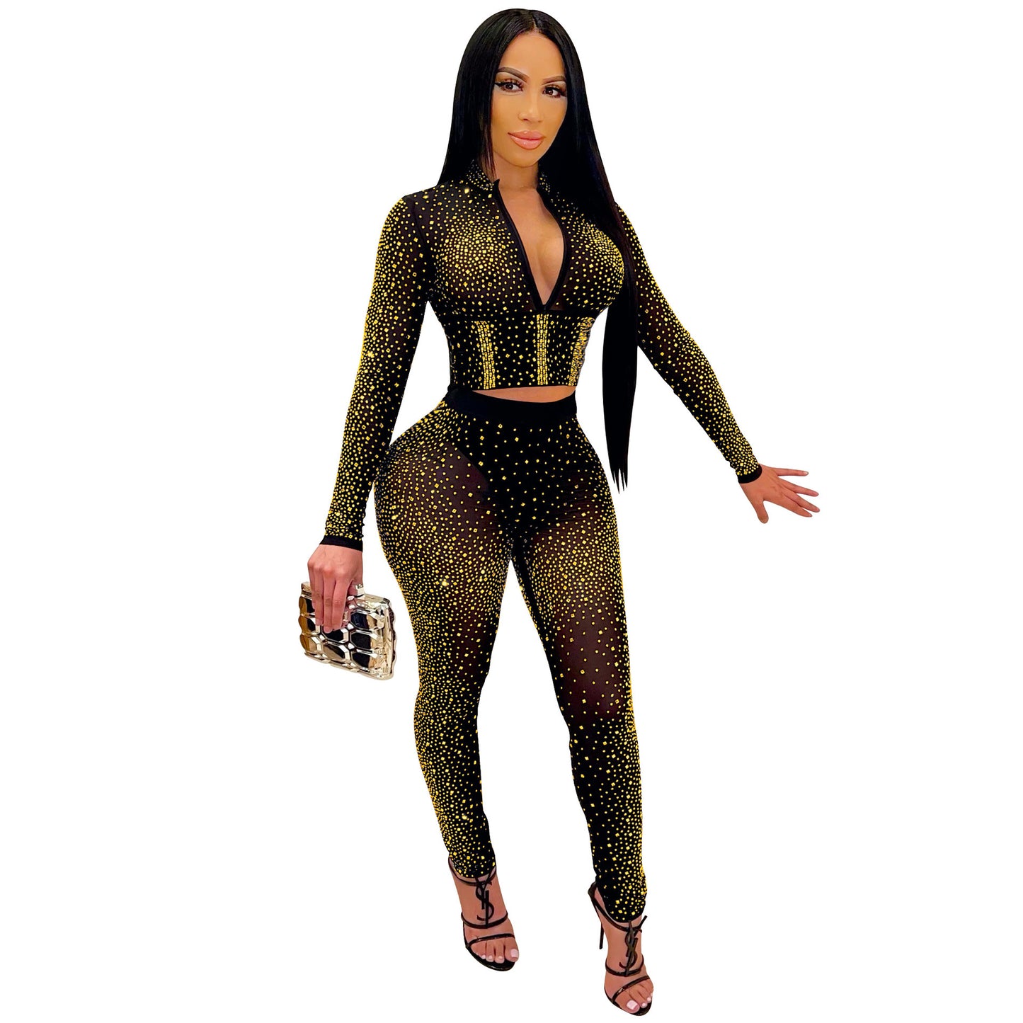 Mesh Long Sleeves Rhinestones Two-Piece Set