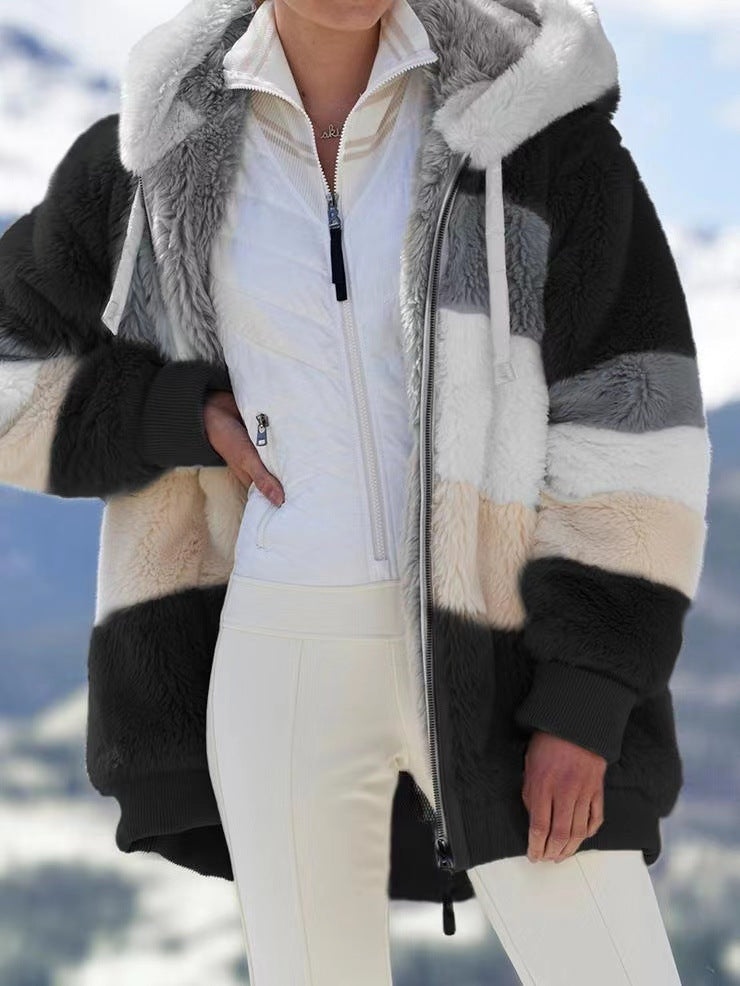 Autumn Winter Loose Plush Multi Color Hooded Jacket for Women (7524905746520)