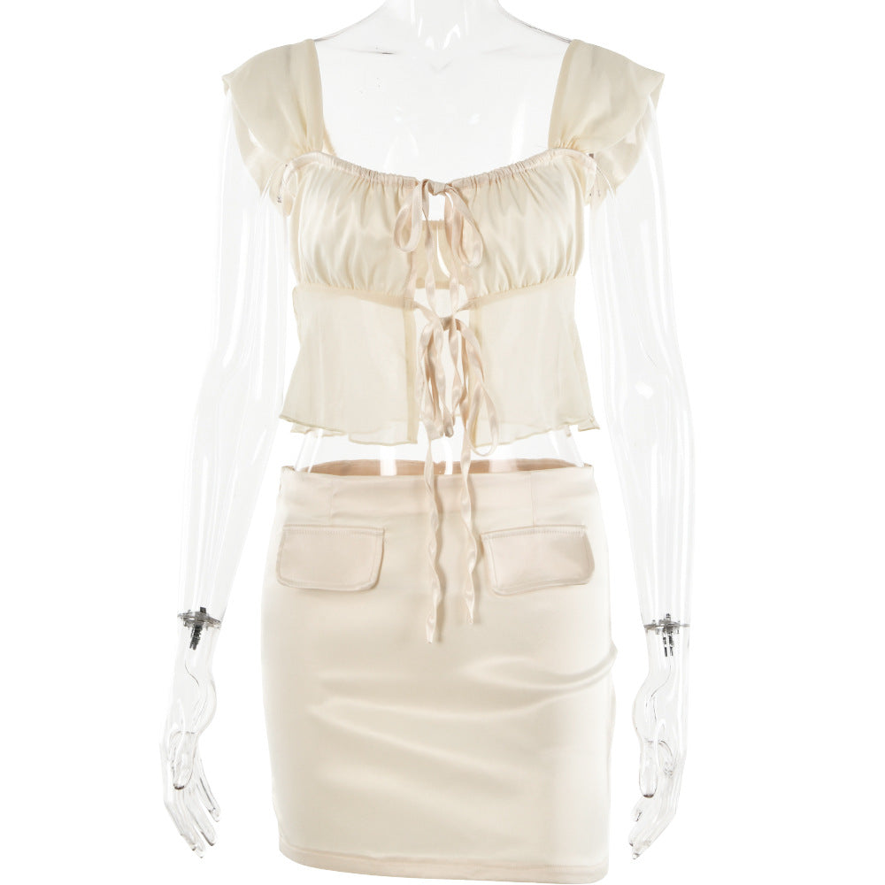 Lace-Up Backless Tube Top & Pockets Skirt Two-Piece Set (7524302389336)