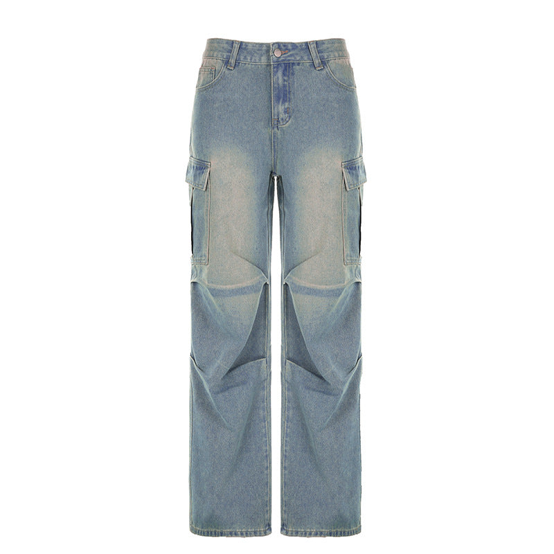 Pleated Solid Color Low-Waist Pockets Denim Jeans