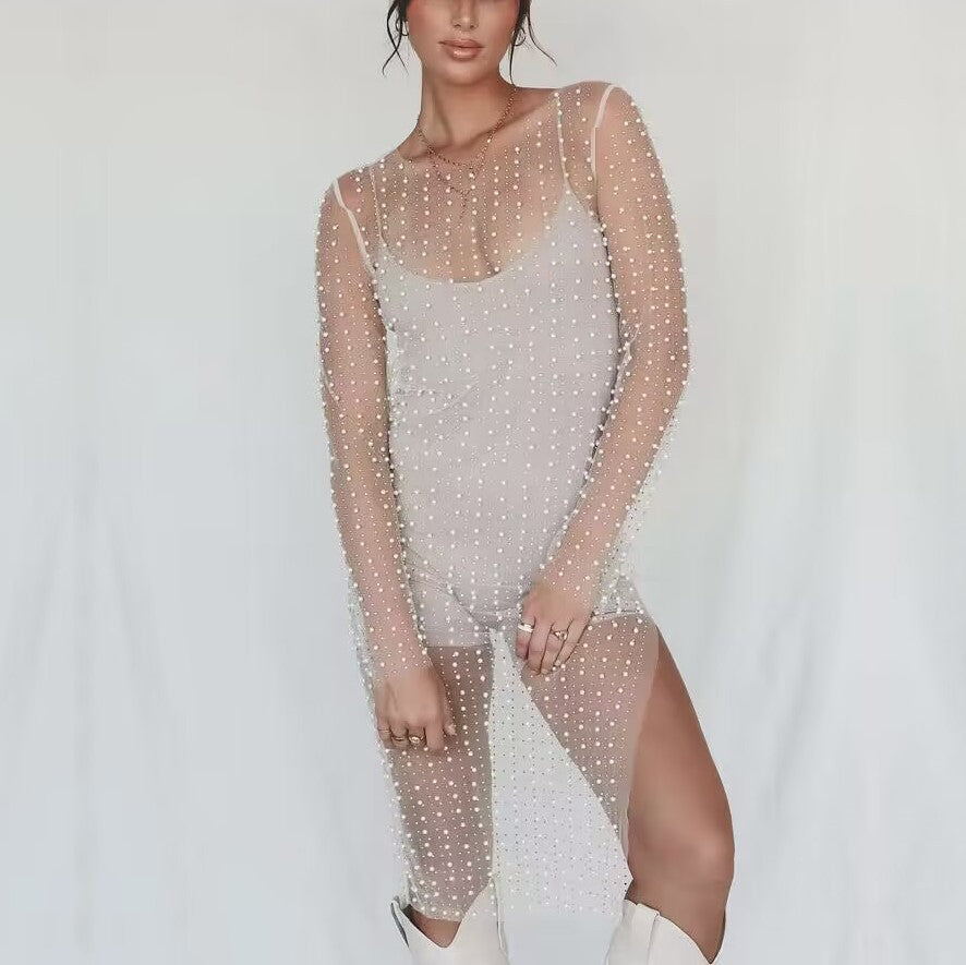 Meshy Blouse - Beaded Rhinestone Side Split Mesh Dress Blouse (7519155519576)