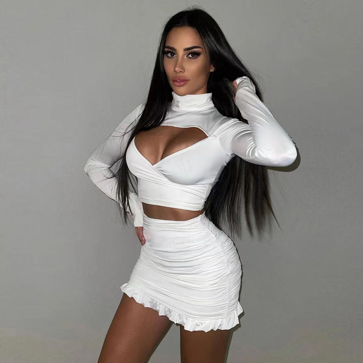Hollow-Out Cut-Out Long Sleeves Pleated Crop-Top & Skirt Two-Piece Set (7524297572440)
