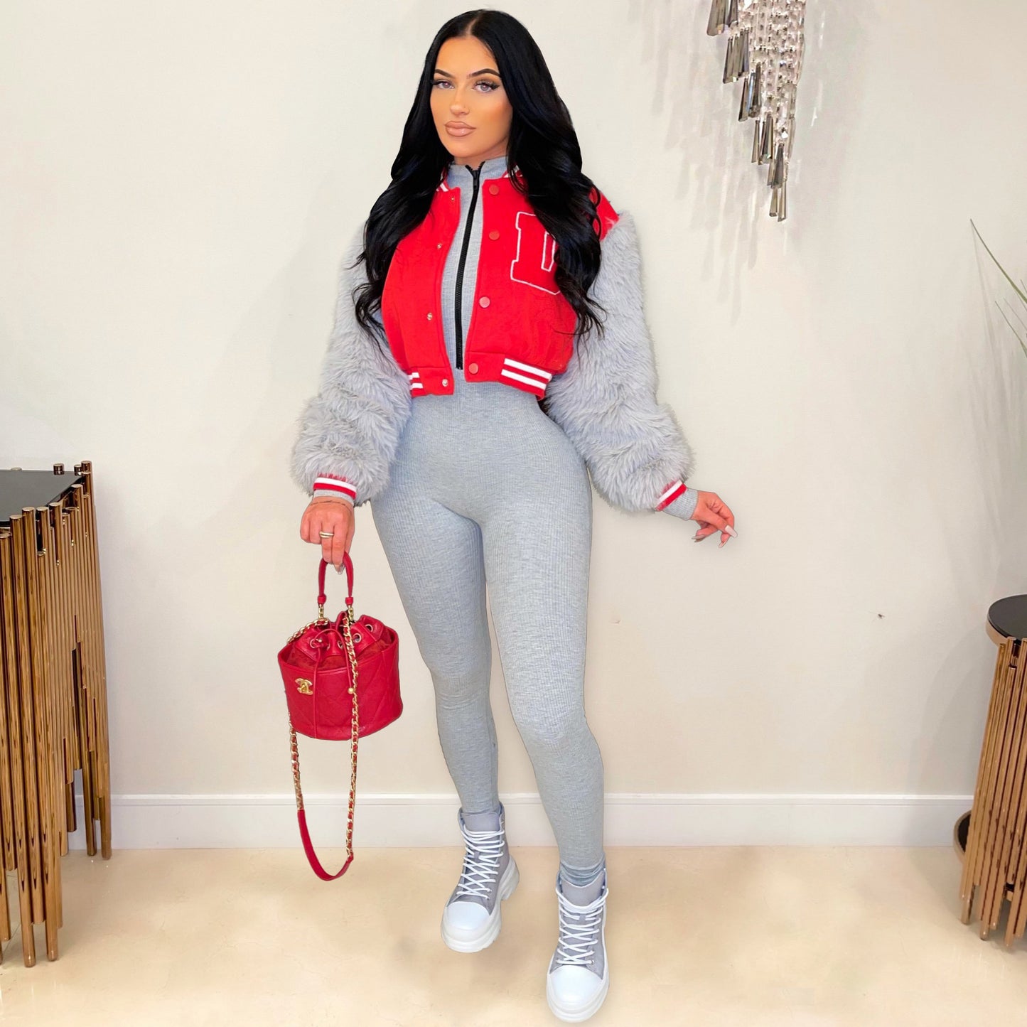 Women Clothing Casual Fur Sleeve Short Varsity Jacket (7525013389400)