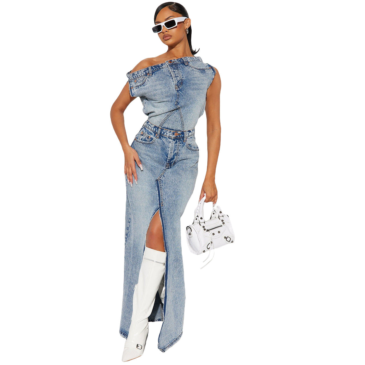 Retro Denim Skirt - Two-Piece Set (7519217025112)