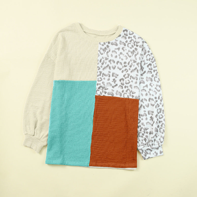 Leopard Block - Contrast Color Leopard Print Round Neck Long Sleeves Sweater Blouse (7517820813400)