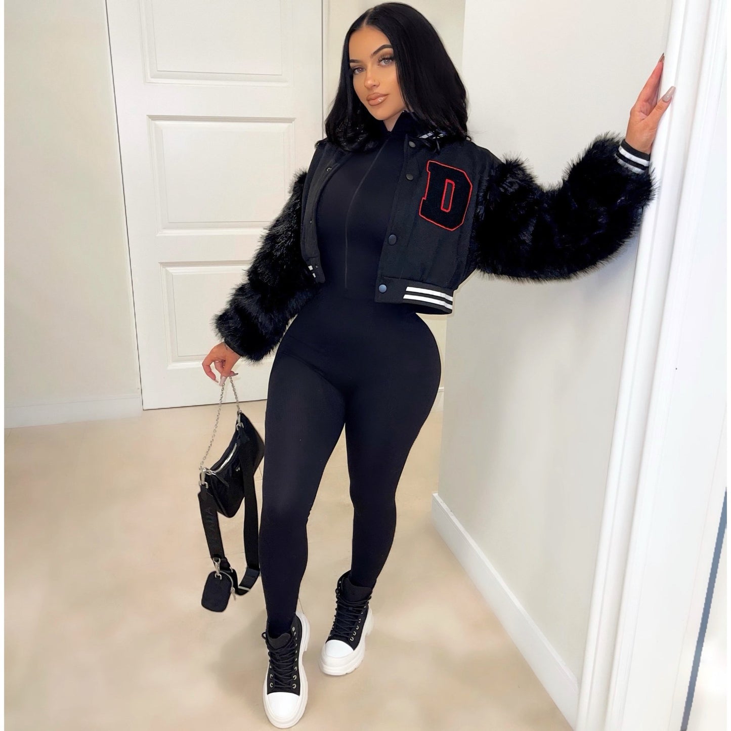 Women Clothing Casual Fur Sleeve Short Varsity Jacket (7525013389400)
