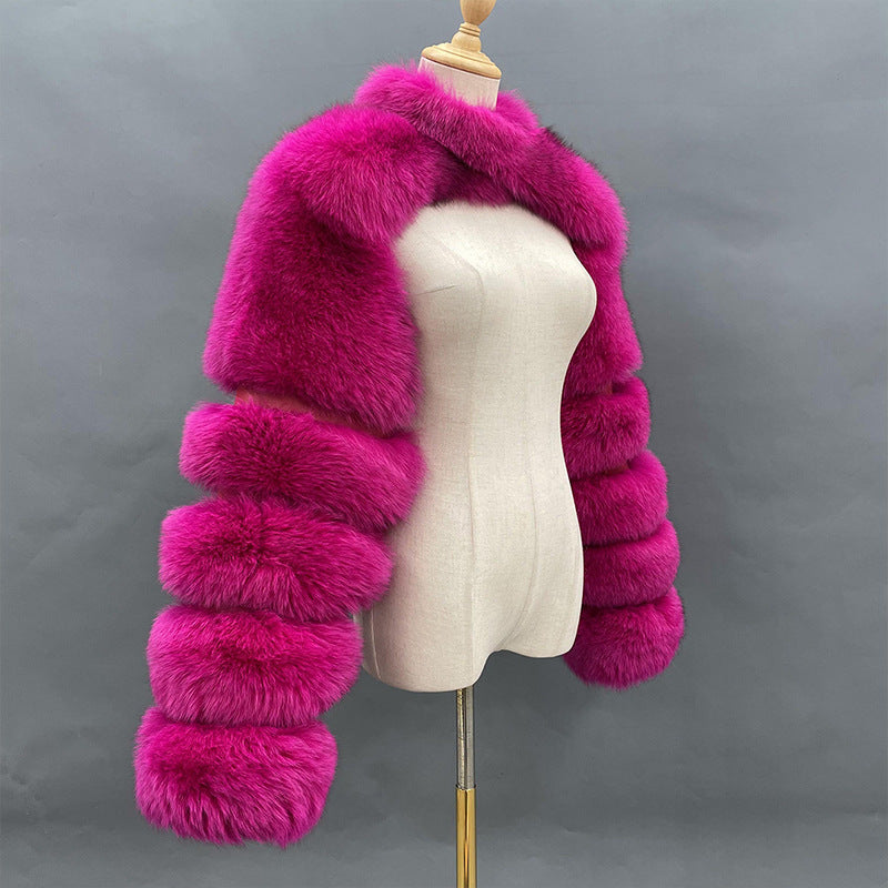 Crop-Top Long Sleeves Spliced Fur Coat