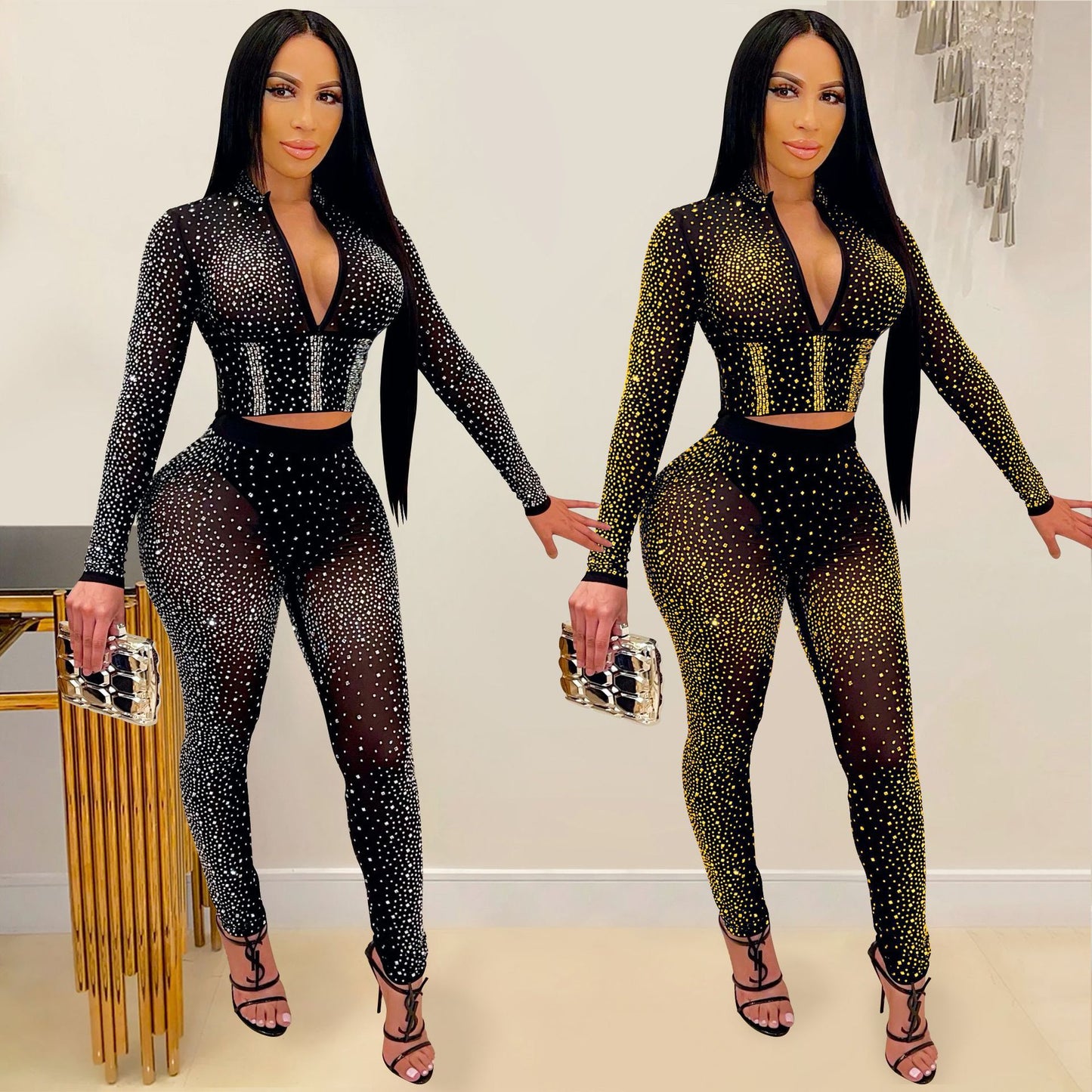 Mesh Long Sleeves Rhinestones Two-Piece Set