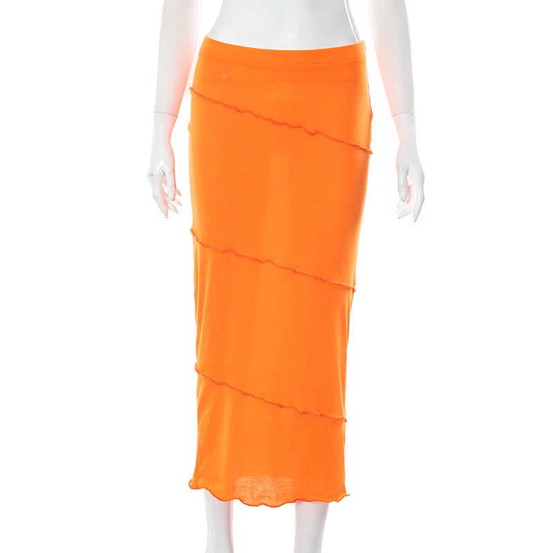 Solid Color Mesh Slim-Fit High-Waist Skirt