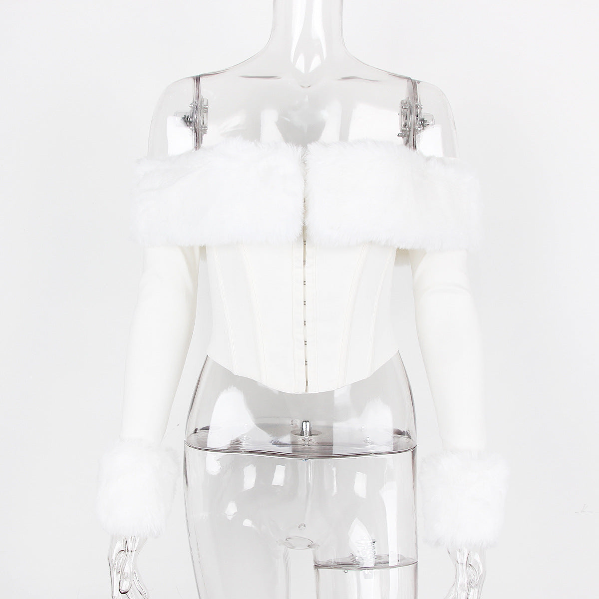 Fur Colla - Fur Collar Off-Shoulder Slim Corset Crop-Top (7516561539160)