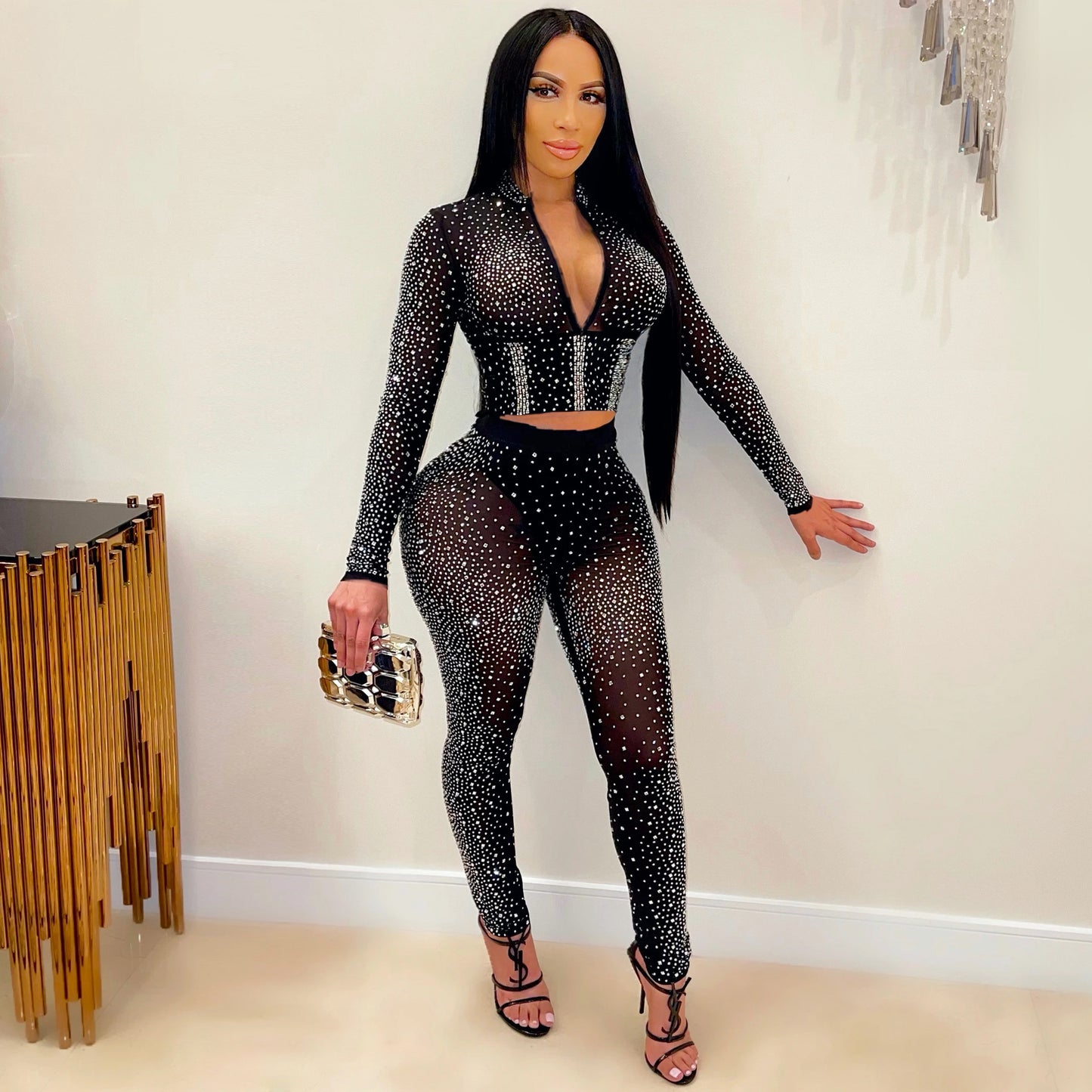 Mesh Long Sleeves Rhinestones Two-Piece Set