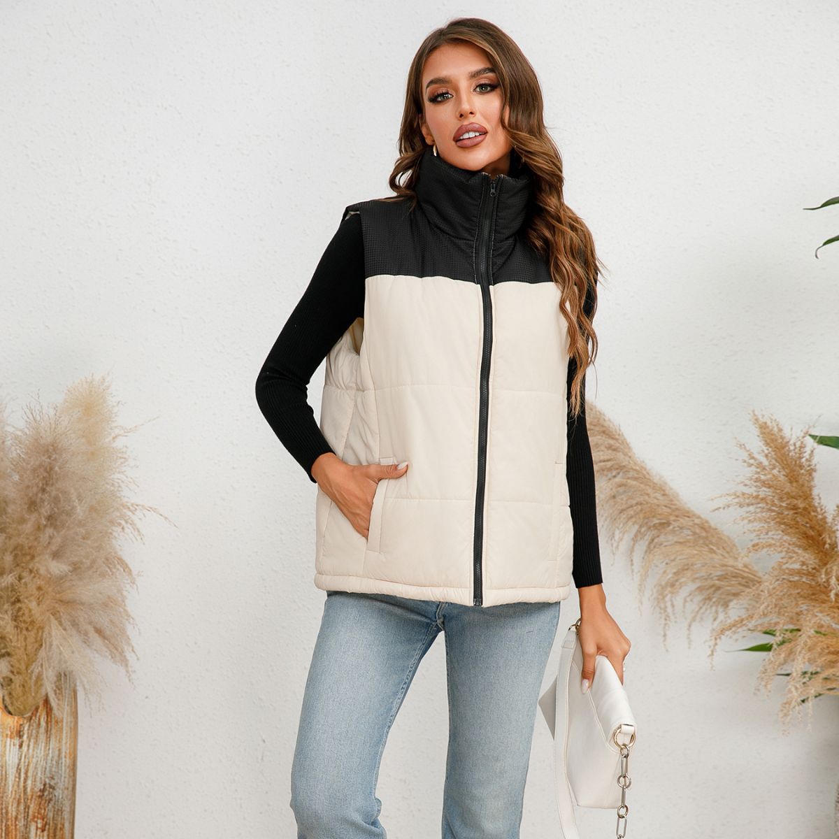 Stand-Collar Color Block Vest Coat