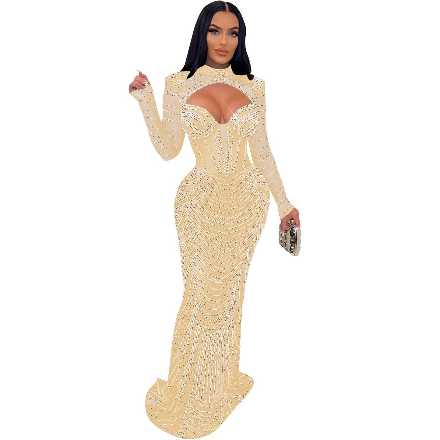 Solid Color Rhinestones Mesh Long Sleeves Maxi Dress