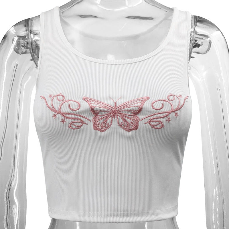 Solid Color Butterfly Embroidery Slim-Fit U-Collar Top