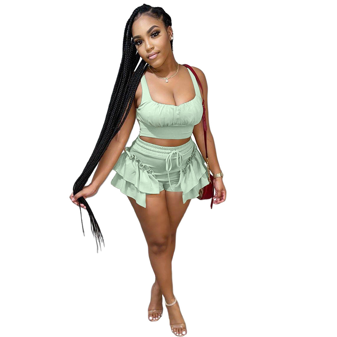 Solid Color Selvedge Top & Shorts Two-Piece Set