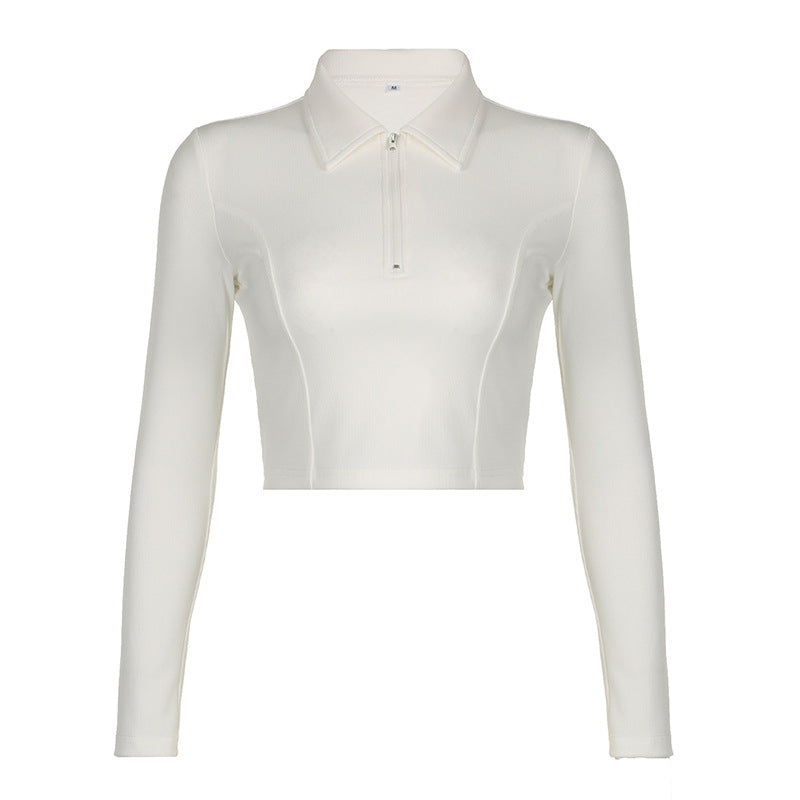 Solid Color Line Split Collared Zipper Basic Cropped Top