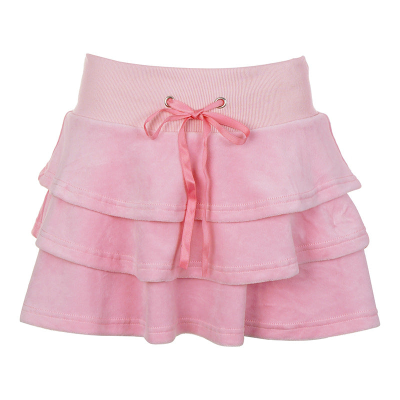 Solid Color Velvet Stitching Drawstrings Hooded Sweater & High-Waist Ruffle Skirt Two-Piece Set (7524302127192)