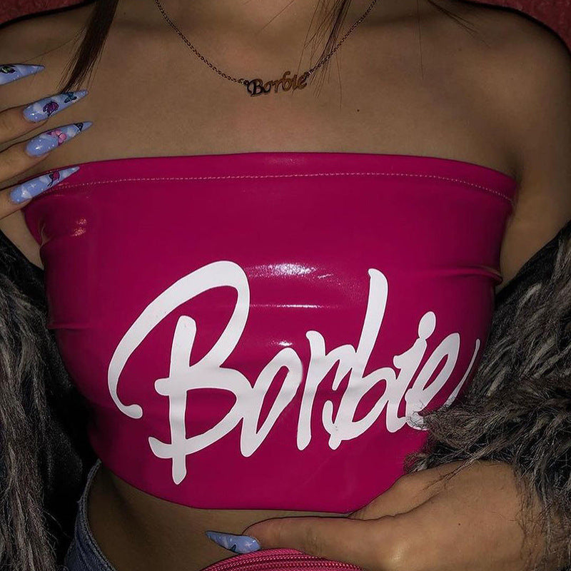 Borbie Barbie Faux Leather Printed Off-Shoulders Bandeau Top (7517938155608)