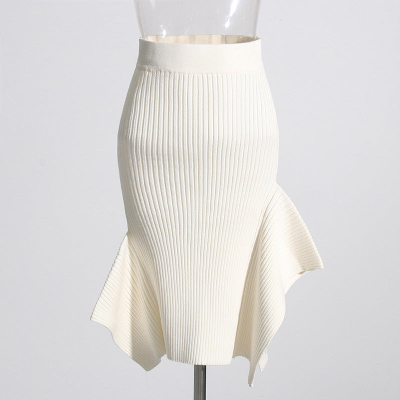 Solid Color Asymmetrical Stitching Knitted Sheath Fishtail Skirt