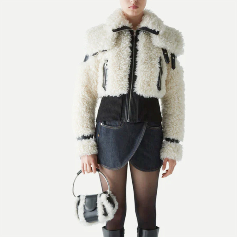 Faux Leather Lamb Wool Outer-Stitching Jacket Coat