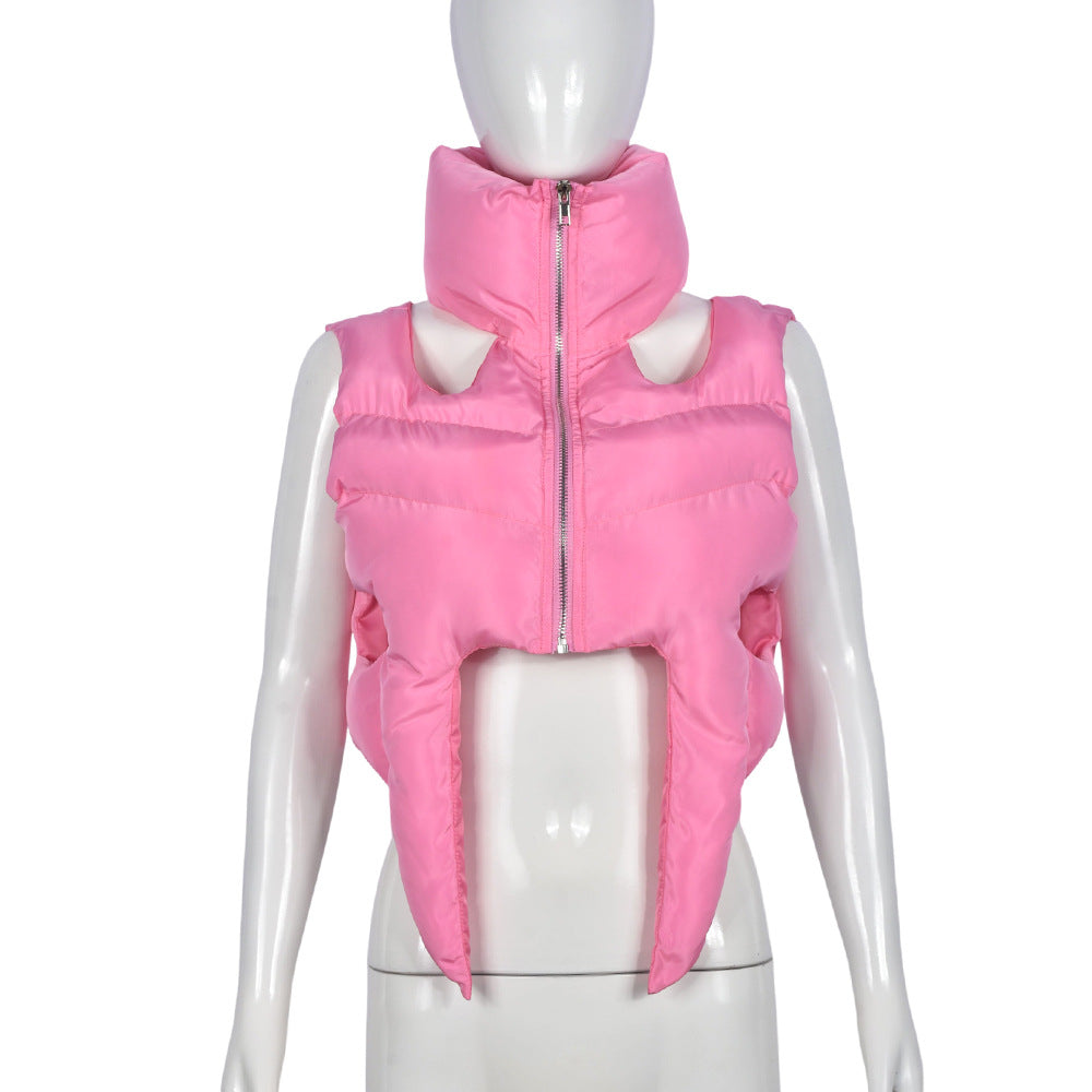Cotton Padded Coat Stand Collar Zipper Sleeveless Cotton Filled Short Shipment Coat for Women (7524988092504)